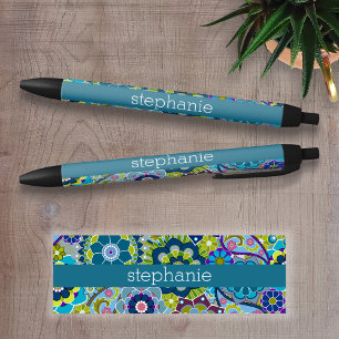 Stylo Noir Motif floral turquoise et rose avec le nom fait