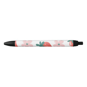Stylo Noir Motif fraise et fleur
