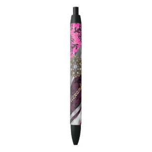 Stylo Noir Motif fuchsia assez girly personnalisé de damassé