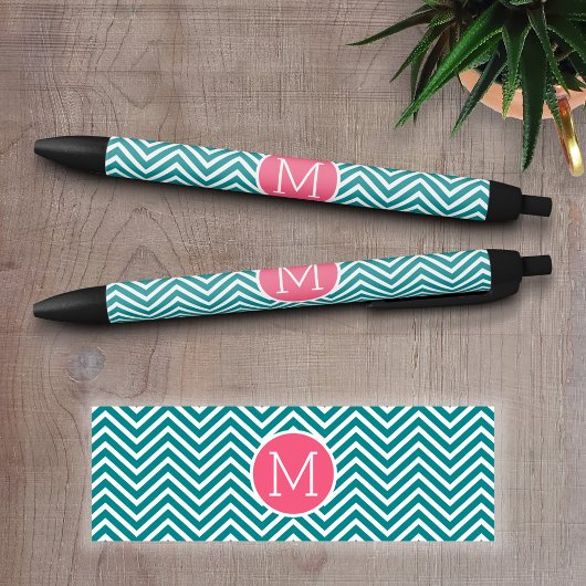 Stylo Noir Motif Girl Chevron avec Monogramme - Turquoise ros