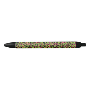 Stylo Noir Motif léopard en framboise sur Lime Green
