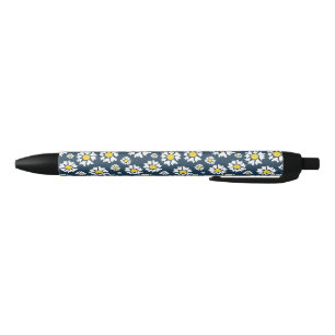 Stylo Noir Motif marguerrier, motif floral, marguerites blanc