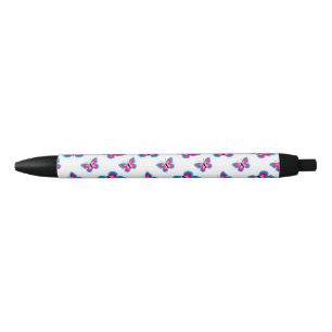 Stylo Noir Motif papillon rose bleu