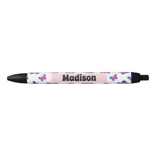 Stylo Noir Motif papillon rose bleu | Ajouter Votre Nom (Devant)