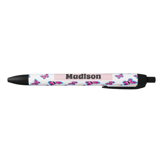 Stylo Noir Motif papillon rose bleu | Ajouter Votre Nom (Bas)