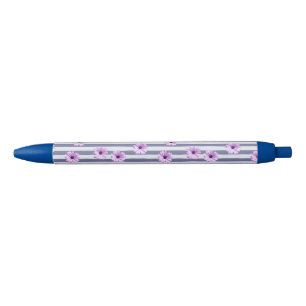 Stylo Noir motif rayé avec des marguerites violettes
