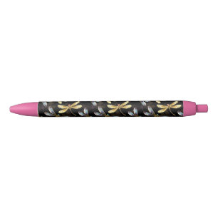 Stylo Noir Motif sans couture avec libellules d'or