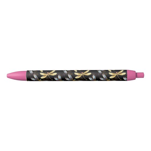 Stylo Noir Motif sans couture avec libellules d'or (Devant)