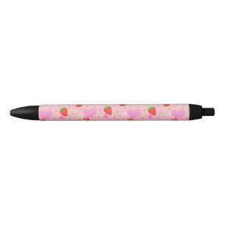Stylo Noir Motif sans couture de fraises et de cœurs mignons