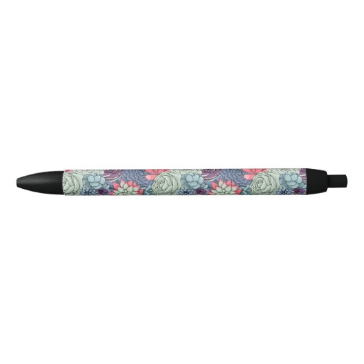 Stylo Noir Motif succulent coloré (Devant)
