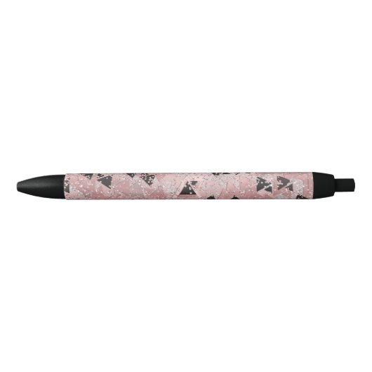 Stylo Noir Motif Triangles Rose Rouge Grosse Rose & Noir Doré (Devant)