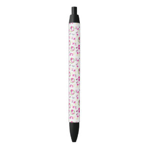 Stylo Noir Motif tropical, Flamants roses, pastèques, Fleurs