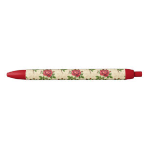 Stylo Noir Motif vintage de rose rouge