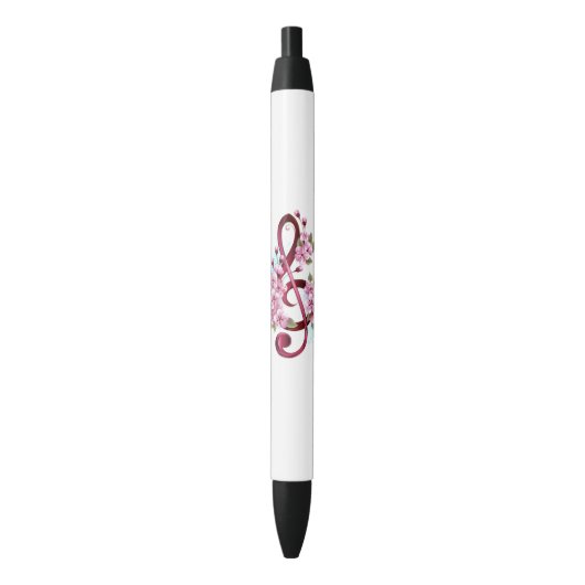 Stylo Noir Musical treble clef notes with sakura flowers (devant Vertical)