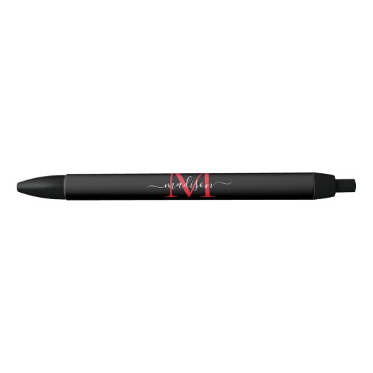 Stylo Noir Noir Bourgogne Rouge Monogramme Élégant Nom du scr (Devant)
