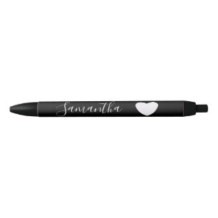 Stylo Noir Noir et Coeur Blanc Nom personnalisé