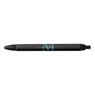 Stylo Noir Noir Turquoise Aqua Green Monogramme Élégant Nom d