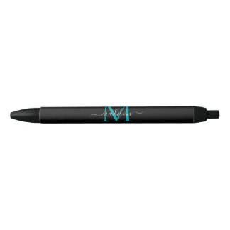 Stylo Noir Noir Turquoise Aqua Green Monogramme Élégant Nom d