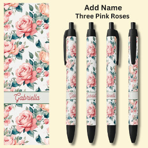 Stylo Noir Nom 3 Roses roses roses Fleurs florales