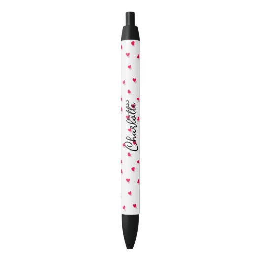 Stylo Noir Nom de monogramme de script de cœurs roses mignons (devant Vertical)