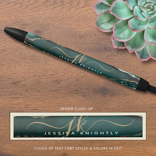 Stylo Noir Nom de monogramme élégant en or avec agate turquoi