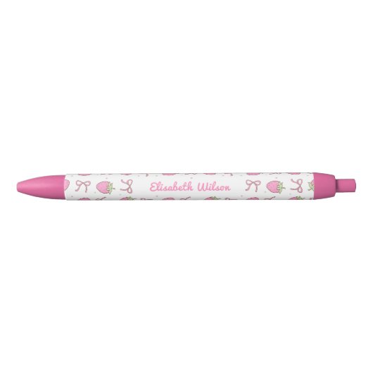 Stylo Noir Nom de script de nœud de fraise coquette rose fémi (Devant)