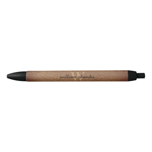 Stylo Noir Nom de script Monogramme Cuir marron rustique élég (Devant)