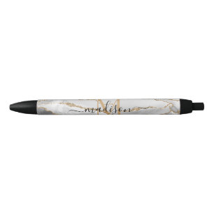 Stylo Noir Nom de script monogramme en agate pailletée or bla