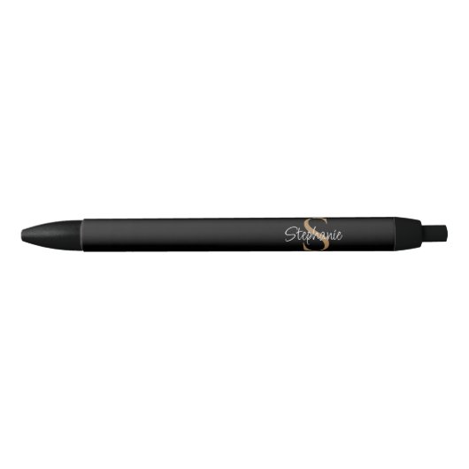 Stylo Noir Nom élégant en script Monogramme Noir Or  (Devant)