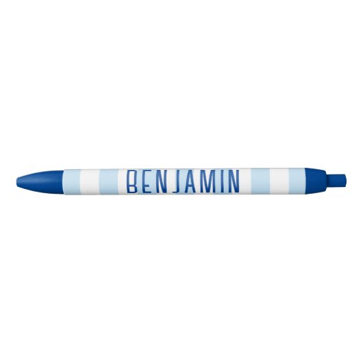 Stylo Noir Nom moderne bleu pâle et blanc rayé (Devant)