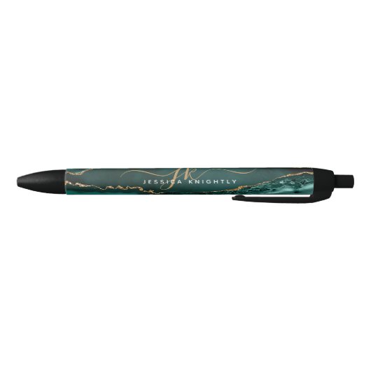 Stylo Noir Nom Monogramme Élégant Turquoise Agate Or Script (Bas)