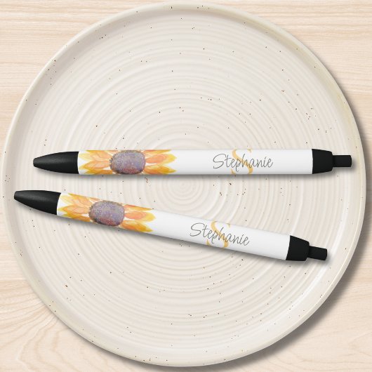 Stylo Noir Nom Monogramme Tournesol Jaune