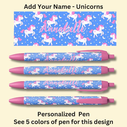 Stylo Noir Nom personnalisé, bleu avec licorne blanche rose