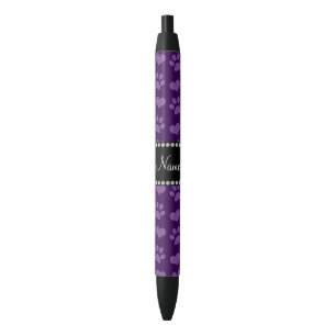 Stylo Noir Nom personnalisé Coeurs et empreintes de pattes v