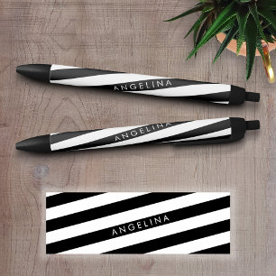 Stylo Noir Nom personnalisé du Motif rayé noir et blanc