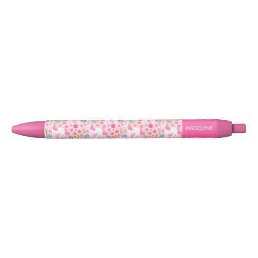 Stylo Noir Nom personnalisé Fleurs Unicorne Rose Cute (Devant)