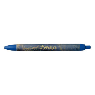 Stylo Noir Nom personnalisé Gold Blue Marble Swirl