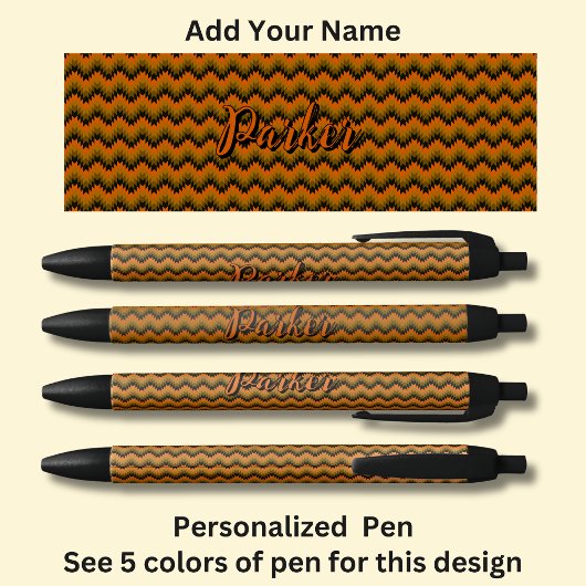 Stylo Noir Nom personnalisé, Orange Brown Chevron Zig Zag