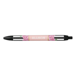 Stylo Noir Nom personnalisé Pink Glam Black Stripes Peony