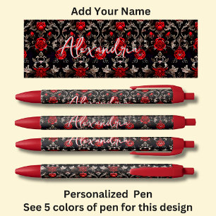 Stylo Noir Nom personnalisé, Roses rouges sur rouge