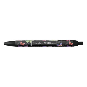 Stylo Noir Nom personnel Élégant Papillons violets brillants