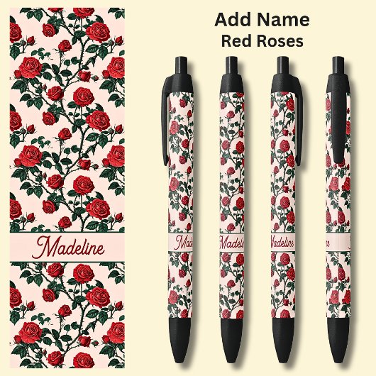 Stylo Noir Nom Roses rouges en rose