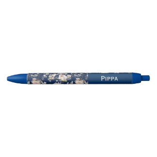 Stylo Noir Oiseau dans les fleurs en fleurs bleu marine Nom p