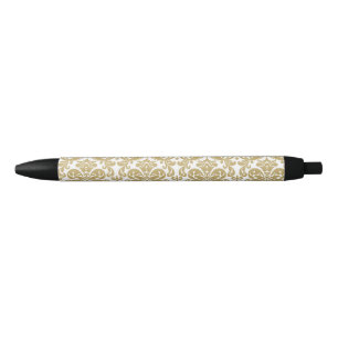Stylo Noir Or et motif élégant blanc de damassé