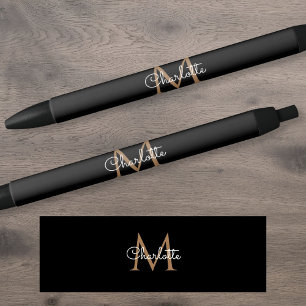 Stylo Noir Or Monogramme Élégant Style Script