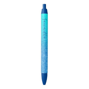 Stylo Noir Paillettes dégradé bleu aqua personnalisées fémini