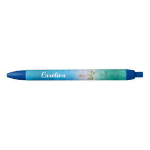 Stylo Noir Palmier tropical Océan Bleu Vert Nom Patiné