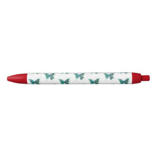 Stylo Noir Papillon aux plumes de paon vert