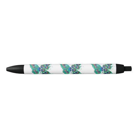 Stylo Noir Papillon aux plumes de paon vert (Devant)