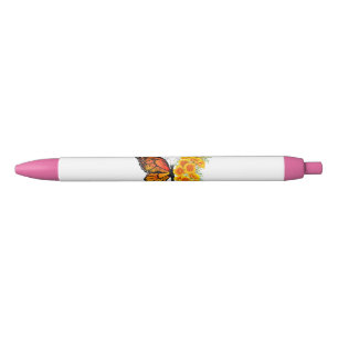Stylo Noir Papillon Fleur avec Pavot de Californie Jaune
